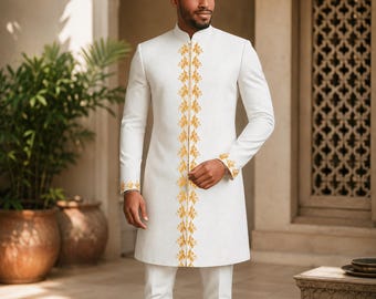 Men's White African Traditional Suit – Gold Embroidered Jacket and Pants, Wedding Groom Attire