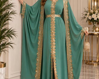 Marockansk kaftanklänning, guldbroderad arabisk abaya, lyxig bröllopsklänning för gästen, maxiklänning för eidfesten, specialanpassad kaftan, grön och beige khaki