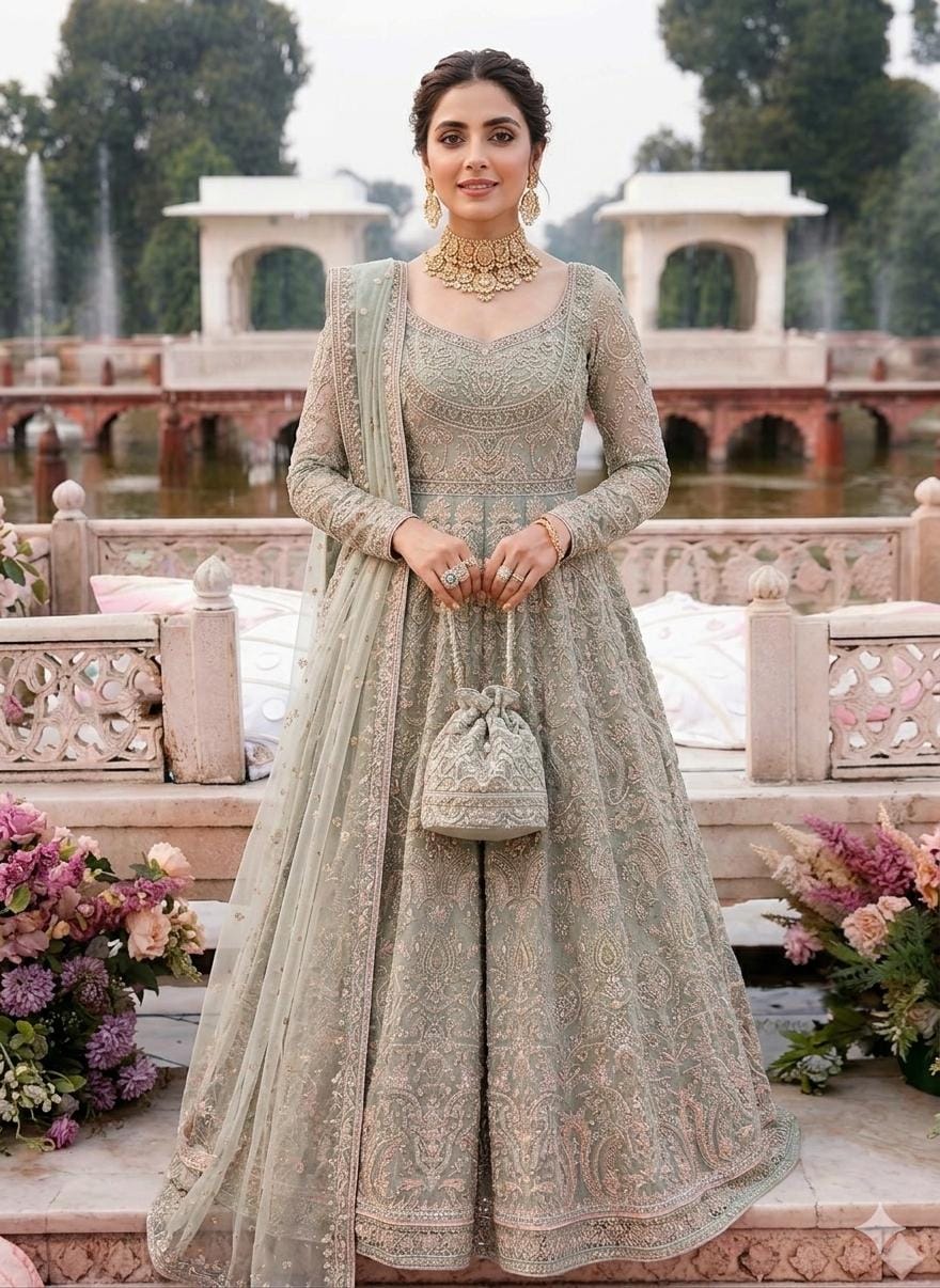 silver grey bridal dresses pakistani Pakistani Designer Luxury Bridal Wear in Silver Color #N7060