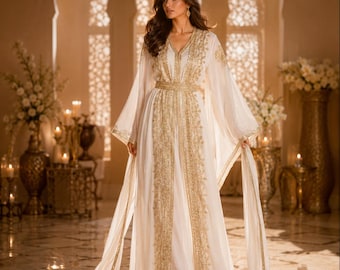 White Moroccan Kaftan Dress | Gold Embroidered Maxi Gown, Islamic Wedding Abaya