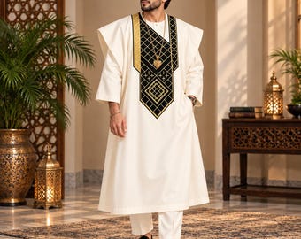 3-delad afrikansk herrkostym Agbada, bröllopskostym, brudgums- och marskalkekostym, traditionella broderade kläder