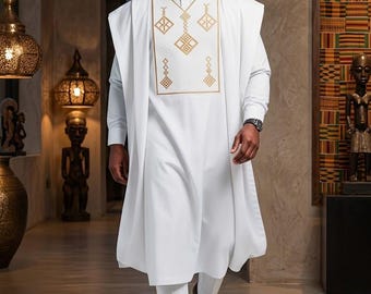 Herrbroderad Agbada 3-delad brudkostym: Traditionell brudgumsklädsel