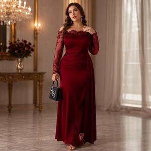 Burgundy Off Shoulder Lace Evening Gown, Long Sleeve Formal Maxi Dress image 2