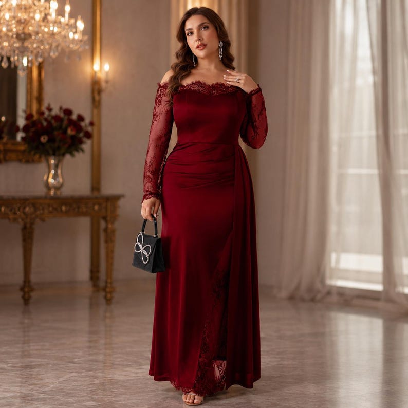 Burgundy Off Shoulder Lace Evening Gown, Long Sleeve Formal Maxi Dress image 2
