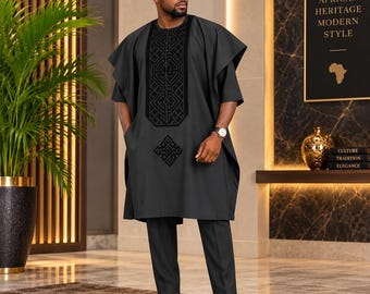 Lyxigt svart Agbada-set | Handbroderad nigeriansk senatorkostym (3-delad)