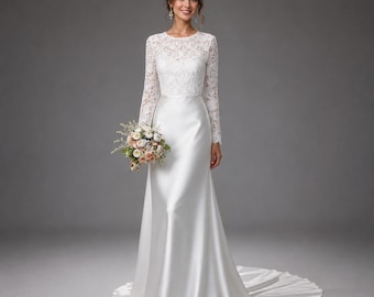 Lace Long Sleeve Wedding Dress: High Neck Backless Bridal Gown Floor Length Evening Wear