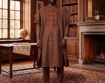 Herr Broderad Agbada Dashiki-set, traditionell bröllopsoutfit för brudgum (3-delad)