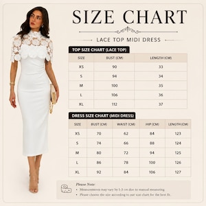 May include: A white midi dress with a lace top, displayed with a size chart. The chart details bust, waist, hip, and length measurements in centimeters for sizes XS to XL. The dress features a high neckline and a fitted silhouette.