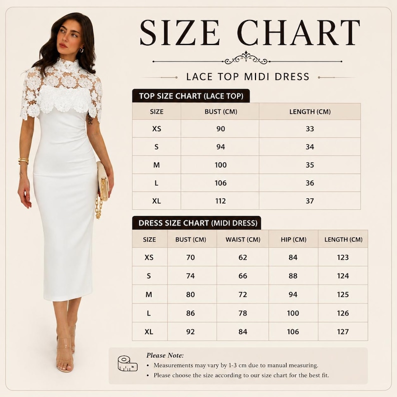 May include: A white midi dress with a lace top, displayed with a size chart. The chart details bust, waist, hip, and length measurements in centimeters for sizes XS to XL. The dress features a high neckline and a fitted silhouette.