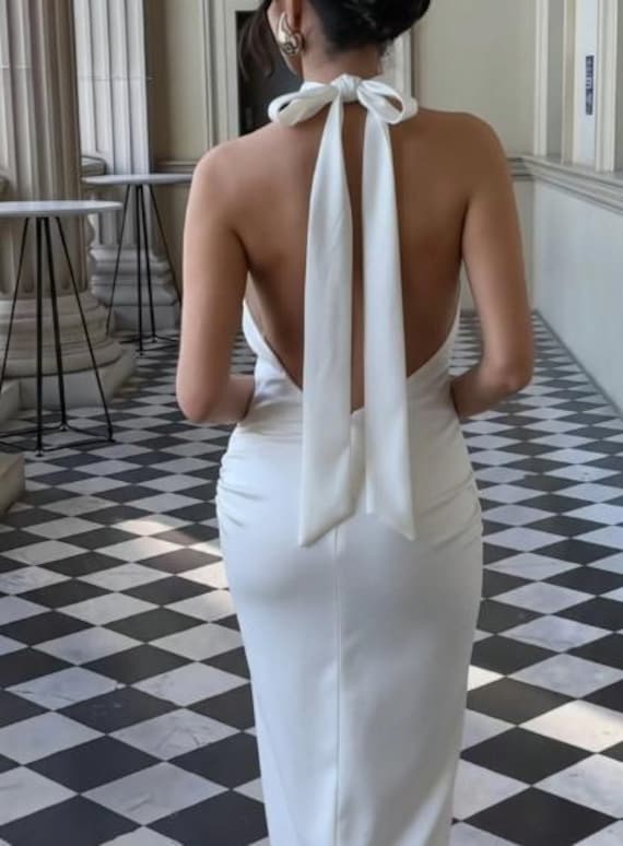 halter neck fishtail maxi dress in ivory Satin Dress: Backless, Floral Applique, Evening Gown flared hem