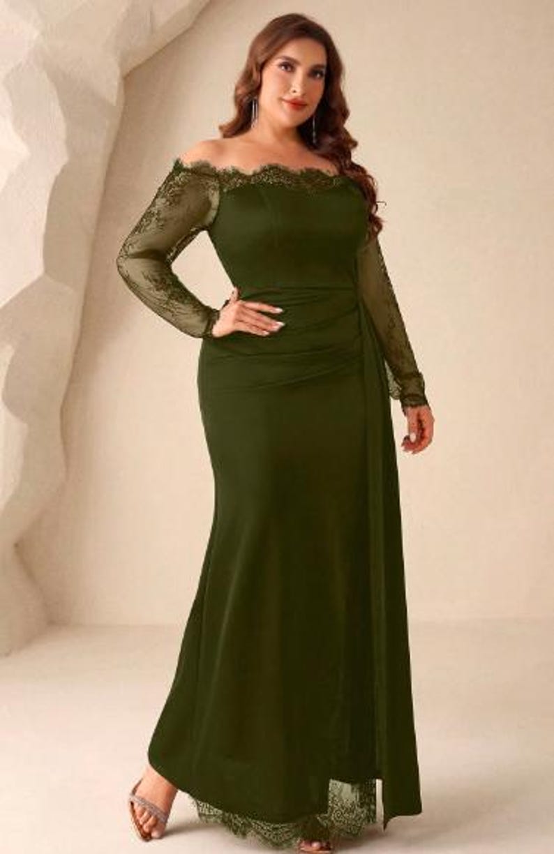 Burgundy Off Shoulder Lace Evening Gown, Long Sleeve Formal Maxi Dress image 9