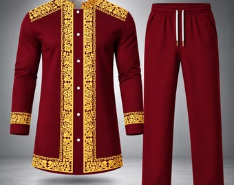 Röd och svart guld broderad tunika för män, traditionell skjorta och byxor, afrikansk bröllopsklänning