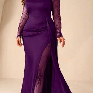 May include: A floor-length deep purple gown featuring an off-the-shoulder neckline with scalloped lace trim, long sheer lace sleeves, and a high side slit that reveals a lace-lined panel. The bodice is fitted with a smooth satin-like finish.