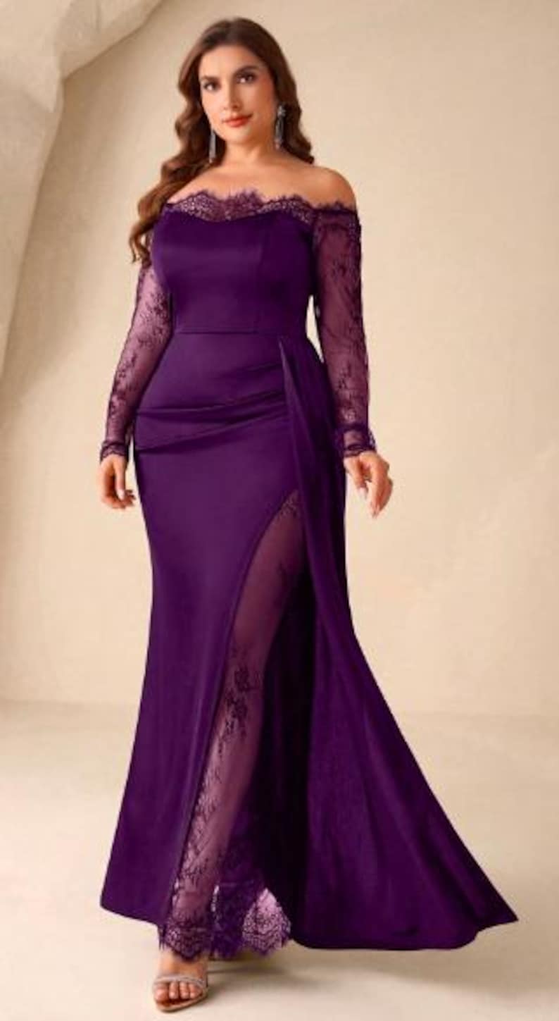 May include: A floor-length deep purple gown featuring an off-the-shoulder neckline with scalloped lace trim, long sheer lace sleeves, and a high side slit that reveals a lace-lined panel. The bodice is fitted with a smooth satin-like finish.