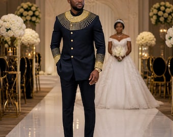 Men's Black African Traditional Suit – Gold Embroidered Jacket and Pants, Wedding Groom Attire