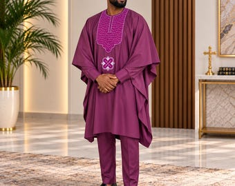 Herr 3-delat broderat Agbada-set, nigeriansk senatorstil, traditionell brudgumsklänning