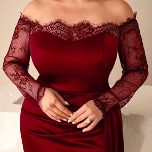 Burgundy Off Shoulder Lace Evening Gown, Long Sleeve Formal Maxi Dress image 3