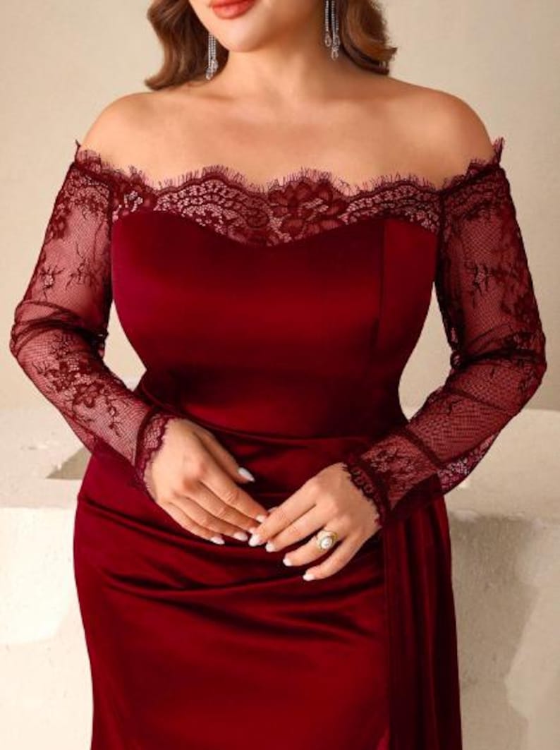 Burgundy Off Shoulder Lace Evening Gown, Long Sleeve Formal Maxi Dress image 3