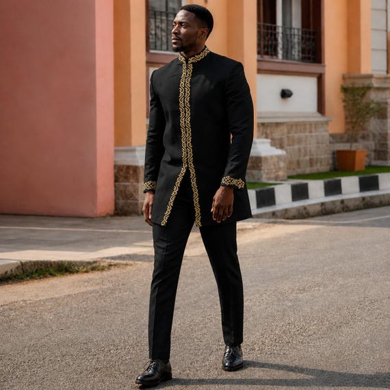 formal dress for black person Men's African Traditional Suit – Gold Embroidered Jacket and Pants, Wedding Groom Attire Style:Body Conscious