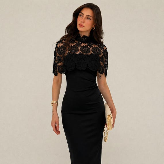 bodycon dress with lace overlay Black Midi for Women, High Neck Dress Sheer Floral Top, Wedding Party Evening Outfit Find Out Why These sunflower_bouquet Pair it with some XS-4XB:XXS
