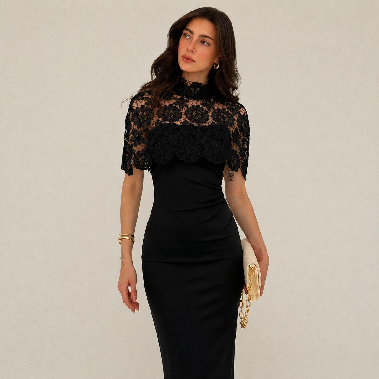 black lace high neck bodycon dress Midi for Women, Dress With Sheer Floral Top, Wedding Party Evening Outfit When the cards are