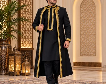 Svartguldbroderad Sherwani för män, traditionell formell kostym för bröllopsbrudgummar