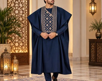 3-delad kungblå afrikansk Agbada, bröllopsdräkt för män, brudgummens och marskalkarnas outfit