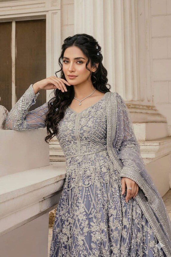 Buy Grey Embroidered Maxi Dress | Pakistani Bridal Gown, Formal Party Wear Online in India