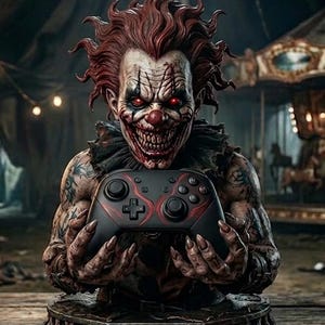 Può includere: Immagine dettagliata di un clown demoniaco che tiene in mano un controller di gioco nero con dettagli rossi. Il clown ha i capelli rossi, un sorriso sinistro e tatuaggi. Il controller poggia su un supporto con la scritta "DEMON CLOWN CONTROLLER STAND".