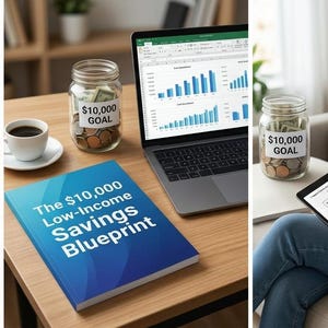 Può includere: Un collage di quattro pannelli che mostra strumenti di pianificazione finanziaria, tra cui un tracker di risparmio, un libro intitolato The $10,000 Low-Income Savings Blueprint, un tablet con dati di bilancio e una famiglia che usa un computer.