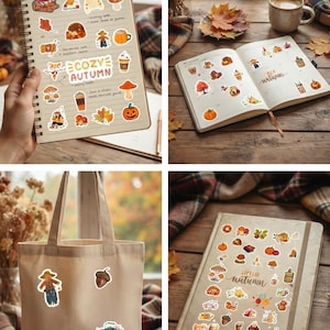 Può includere: Una collezione di adesivi a tema autunnale con illustrazioni di zucche, funghi, foglie, bevande calde e personaggi stagionali. Gli adesivi sono mostrati su quaderni a spirale, un'agenda e una borsa di tela color beige.