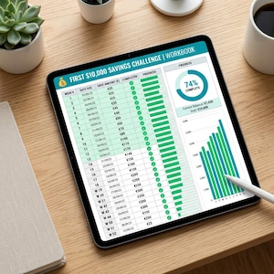 Op de afbeelding: Een digitale tablet met een spaarchallenge-werkboek voor $10.000. Het scherm toont een tabel met weeknummers, vervaldata, spaarbedragen in euro's, vinkjes, voortgangsbalken en een cirkeldiagram dat 74% voltooiing aangeeft.
