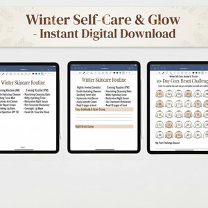 Può includere: Tre tablet che mostrano planner digitali intitolati Winter Self-Care & Glow. Gli schermi presentano routine di cura della pelle invernale per mattina e sera, una lista di controllo serale e una sfida di 30 giorni con icone di maglioni.