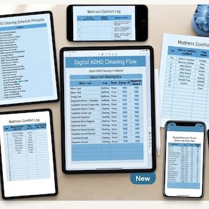 Può includere: Una collezione di agende digitali e stampate che include un programma di pulizia per ADHD, un registro del comfort del materasso e un pianificatore di recupero fisico. Gli schermi e i fogli mostrano tabelle con intestazioni blu.