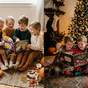 Può includere: Un'immagine divisa che mostra quattro bambini che leggono un libro intitolato Spyder's Spooky Night in un ambiente autunnale con zucche, e due bambini che leggono un libro intitolato A Very Merry Christmas Story davanti a un albero di Natale.