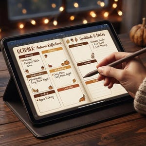 Può includere: Un tablet digitale che mostra una pagina di agenda intitolata OCTOBER: Autumn Reflections con sezioni per i giorni della settimana, gratitudine e note. Lo schermo mostra testo scritto a mano tra cui Pumpkin Patch, Cozy Movie Night e Apple Picking.