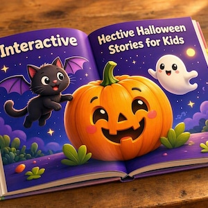 Puede incluir: Un libro abierto titulado Interactive Hectic Halloween Stories for Kids. Las páginas muestran una gran calabaza naranja, un gato negro con alas de murciélago moradas y un pequeño fantasma blanco sobre un fondo de cielo nocturno estrellado.