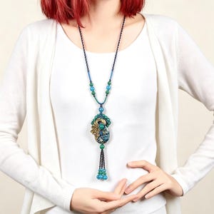 Regal Peacock Statement Necklace Opulent Jewel Tone Tassel Pendant Adjustable Longline Accessory Exotic Fashion Jewelry for Her