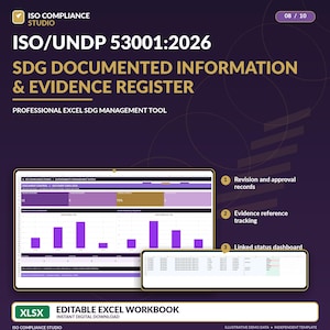 May include: A digital ISO/UNDP 53001:2026 SDG documented information and evidence register Excel workbook template. The purple interface displays data dashboards, bar charts, revision records, and a linked status tracking sheet.