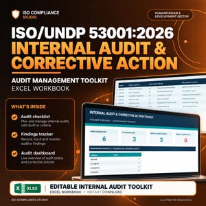 Puede incluir: Un kit de herramientas de libro de trabajo de Excel para auditoría interna y acción correctiva ISO/UNDP 53001:2026. El gráfico muestra texto naranja sobre fondo oscuro con capturas de pantalla de panel de control y seguimiento.