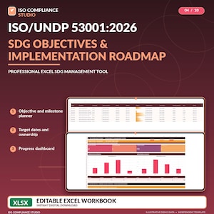 May include: A digital document titled ISO/UNDP 53001:2026 SDG OBJECTIVES & IMPLEMENTATION ROADMAP. It features a professional Excel SDG management tool with an objective and milestone planner, target dates, ownership, and a progress dashboard.