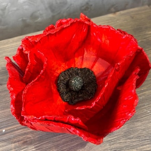 Può includere: Una scultura a forma di papavero con petali rossi vivaci, stratificati e stropicciati che formano un fiore aperto. Il centro del fiore è un disco circolare scuro e testurizzato con una piccola protuberanza arrotondata e maculata al centro.