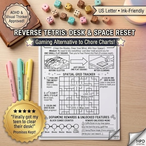 Könnte beinhalten: Ein druckbares Dokument mit dem Titel Reverse Tetris: Desk & Space Reset, das einen räumlichen Raster-Tracker, Anleitungen zum Aufräumen und einen Bereich für Belohnungen enthält. Die Seite zeigt schwarzen Text und Strichzeichnungen.