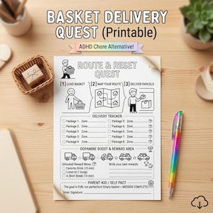 May include: A printable chore tracker sheet titled Basket Delivery Quest. The document features three steps: Load Basket, Map Your Route, and Deliver Parcels. It includes a delivery tracker, a dopamine boost reward area, and a parent-kid self-pact section.