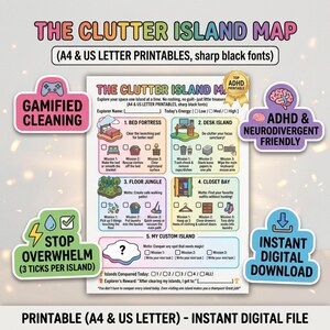 Könnte beinhalten: Ein druckbares Clutter Island Map Dokument mit fünf Reinigungs-Missionsbereichen: Bed Fortress, Desk Island, Floor Jungle, Closet Bay und My Custom Island. Die Seite enthält Kontrollkästchen, farbige Symbole und Textaufforderungen zur spielerischen Organisation.