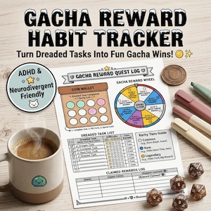Könnte beinhalten: Ein Gacha Reward Habit Tracker auf weißem Papier mit einem Gacha Reward Quest Log, einer Münzbörse, einem bunten Belohnungsrad, einer Aufgabenliste und einem Leitfaden für Seltenheitsstufen. Enthält eine Kaffeetasse, Marker, eine Münze und Würfel.