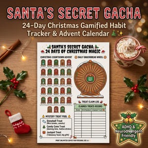 Könnte beinhalten: Ein 24-tägiger spielerischer Gewohnheitstracker und Adventskalender mit dem Titel Santa's Secret Gacha: 24 Days of Christmas Magic. Das Blatt enthält einen nummerierten Countdown, ein tägliches Lebkuchenrad, ein Belohnungsprotokoll und eine Liste.