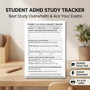 Peut inclure: Une feuille de suivi d'étude blanche intitulée STUDENT 1-3-5 STUDY & PRIORITY TRACKER avec des sections pour les tâches, une matrice d'étude 1-3-5, le suivi de l'énergie et la réflexion quotidienne. Le document comporte des cases à cocher.