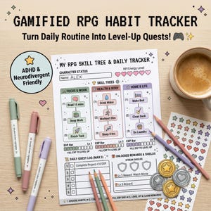 May include: A gamified RPG habit tracker paper sheet titled My RPG Skill Tree & Daily Tracker with sections for Focus & Work, Health & Body, and Home & Life. It includes a daily quest log, experience bars, and reward shields, accompanied by highlighters, colored pencils, and stickers.