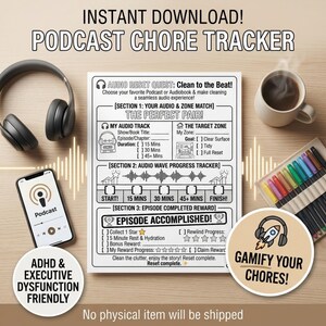 Podcast Chore Tracker PDF Audio Cleaning Challenge ADHD Executive Dysfunction Printable